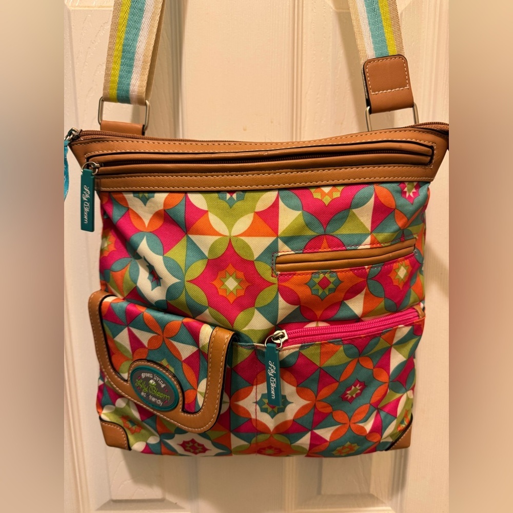Lilly Bloom Pink and Orange Crossbody Bag with Geometric Pattern‎